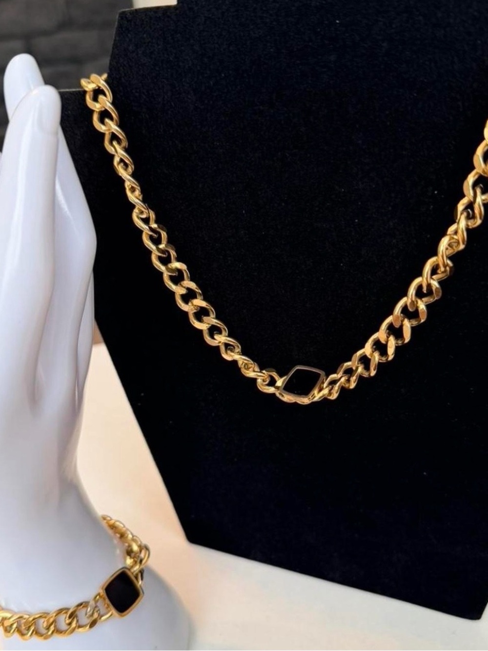 Gold-Tone Chain Necklace with Black Square Accent - Women Jewelry - Picture 3 of 3